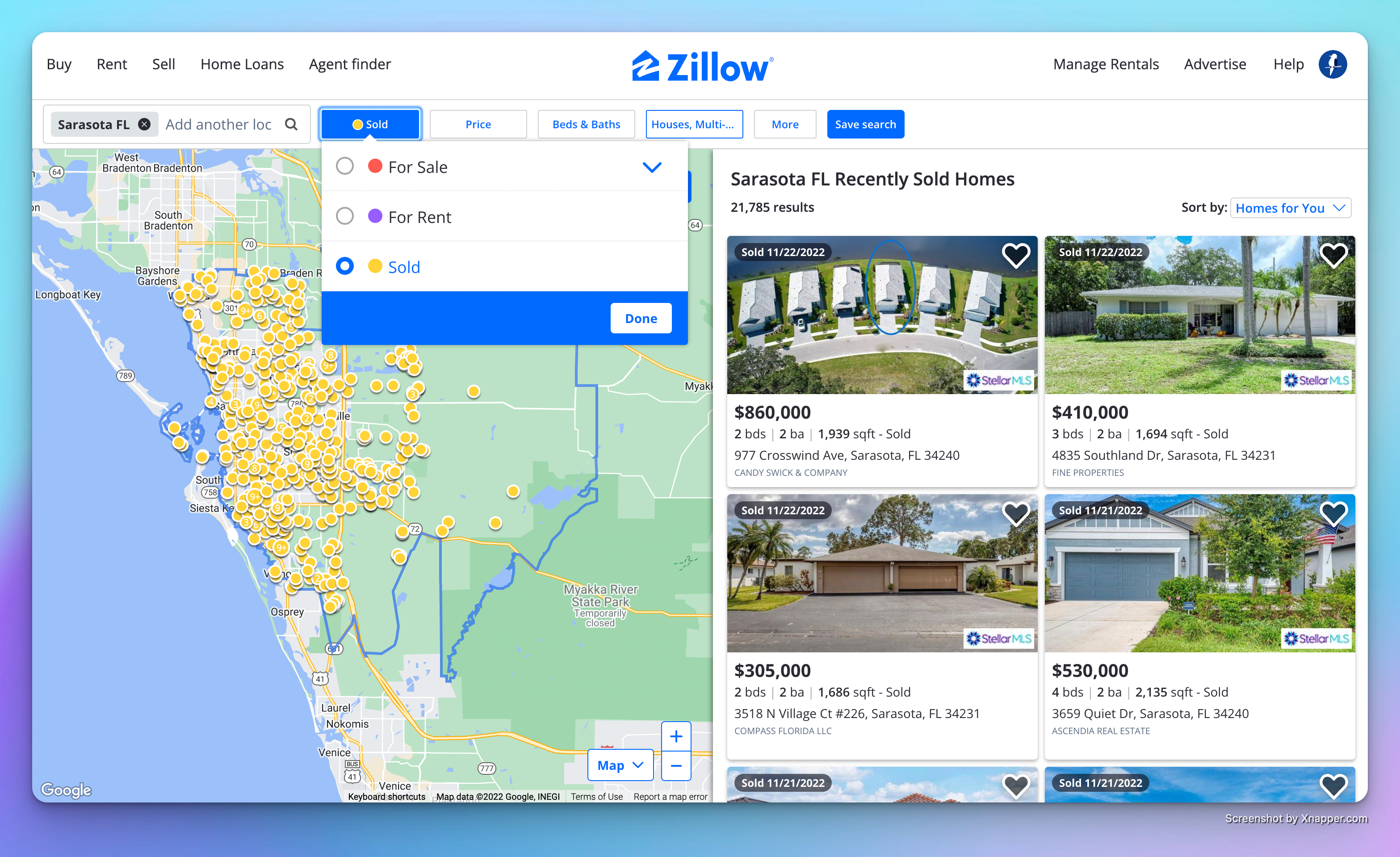 Zillow property search page with the sold category selected