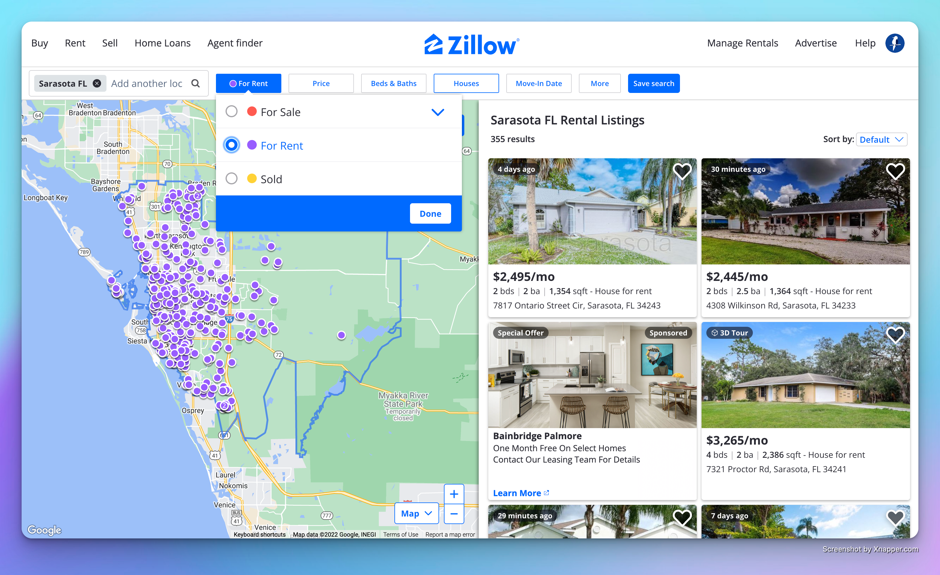 Image of zillow with the for rent category selected